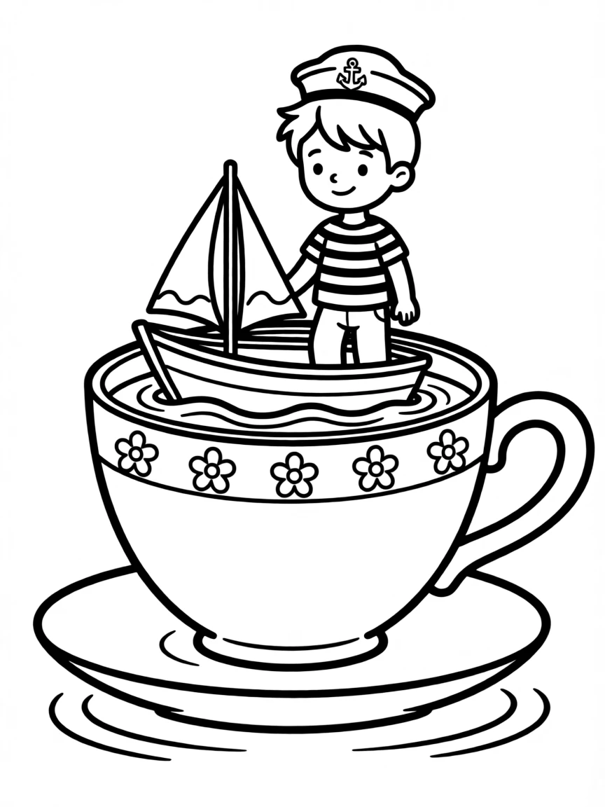 A sailor in a tiny boat sailing on a teacup.