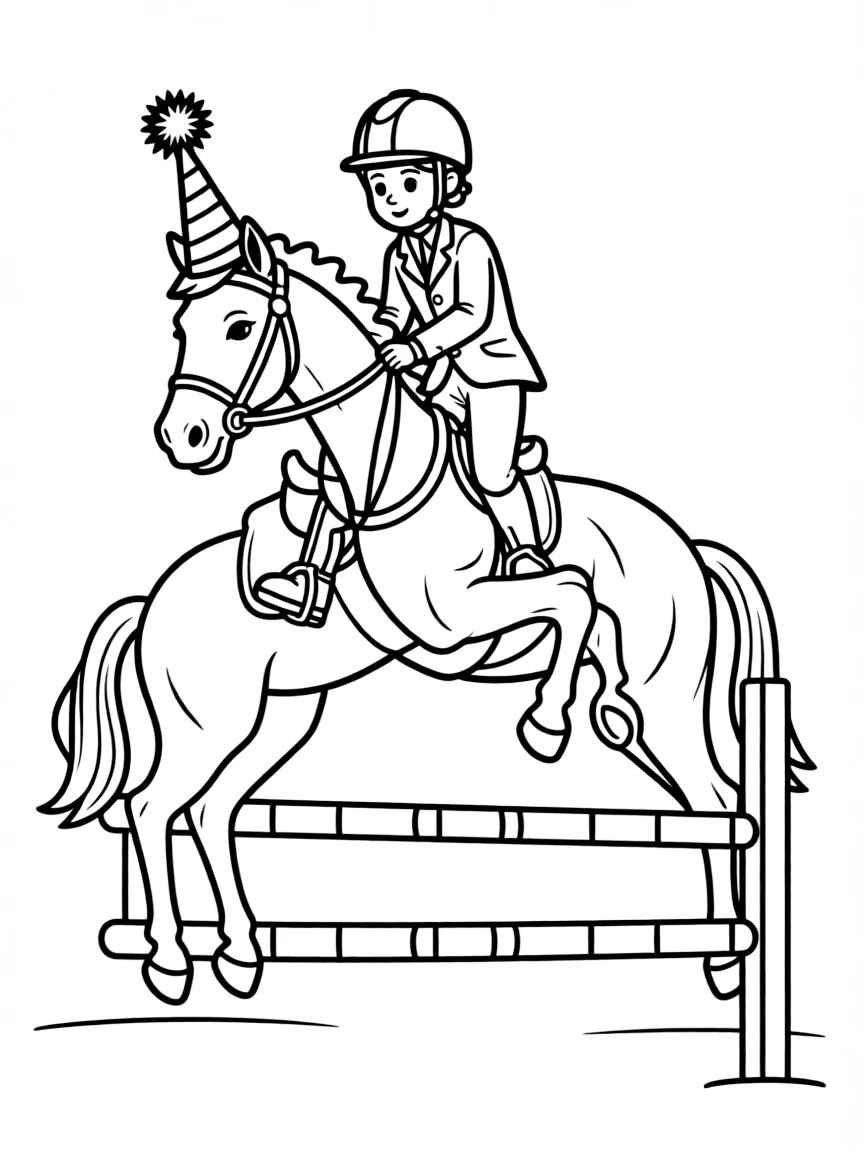 An equestrian show jumper with a horse that has a party hat.