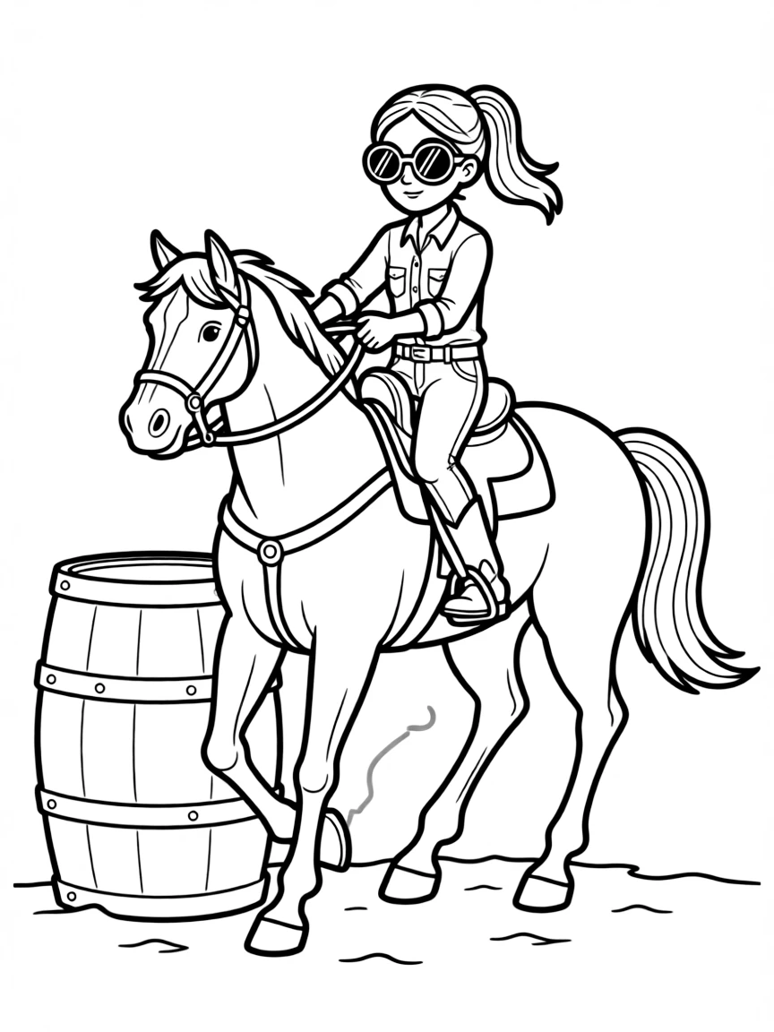 A barrel racer with a horse wearing sunglasses.