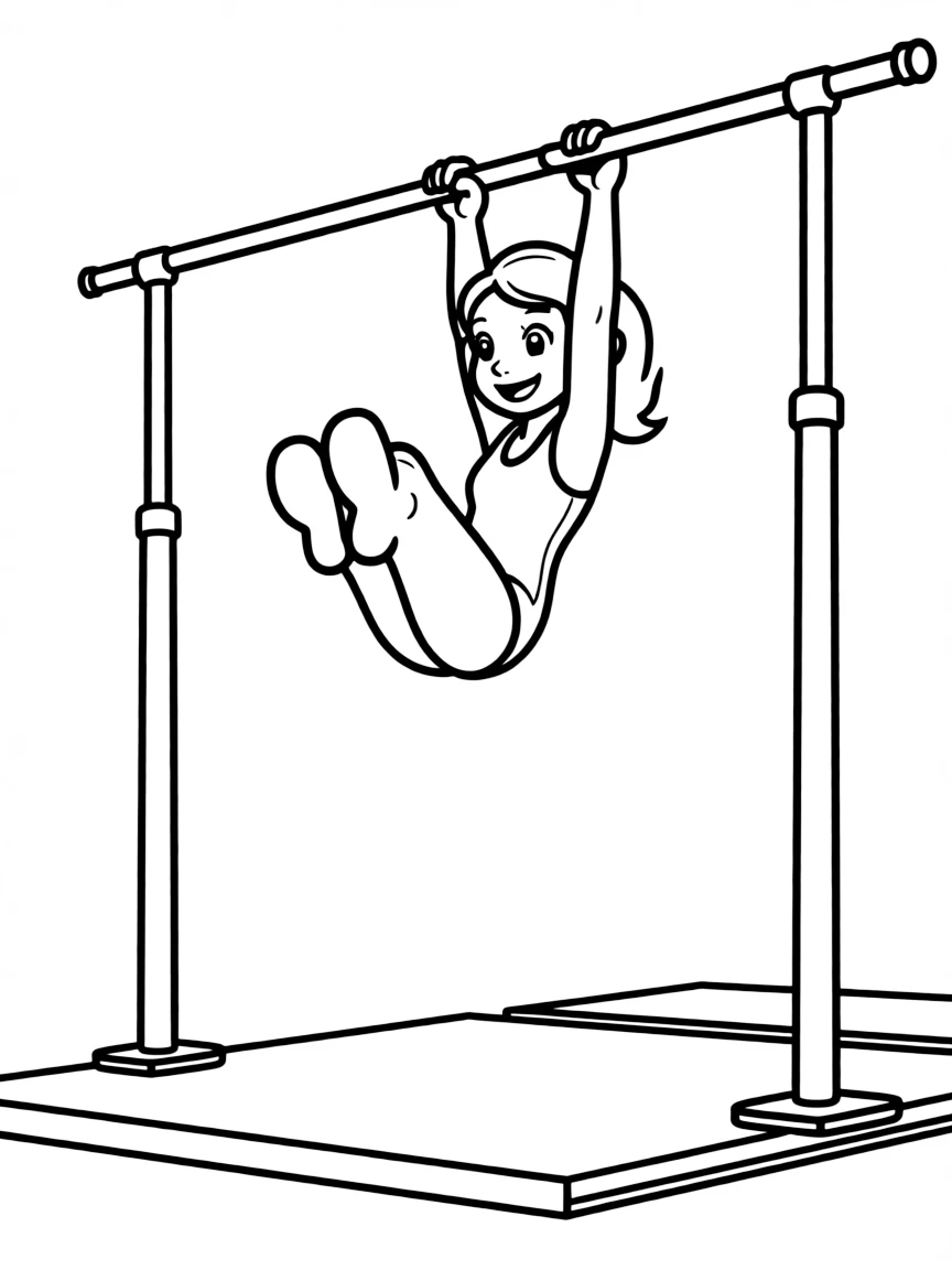 An artistic gymnast on the uneven bars, swinging like a monkey.
