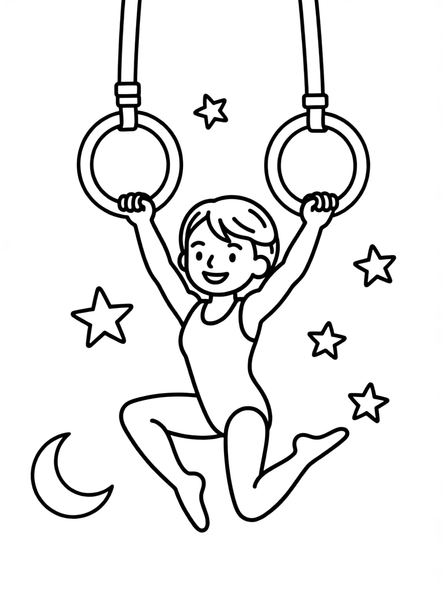 An artistic gymnast on the rings, pretending to be an astronaut.