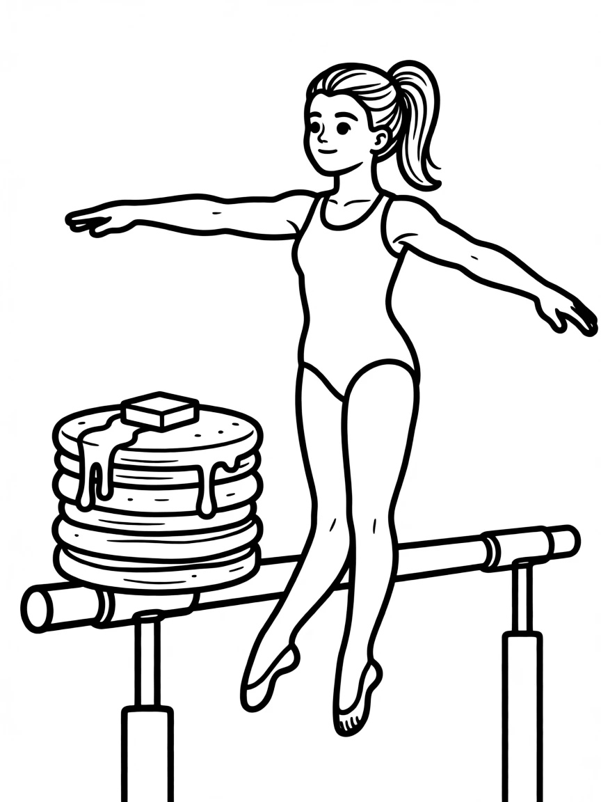 An artistic gymnast on the parallel bars, balancing a stack of pancakes.
