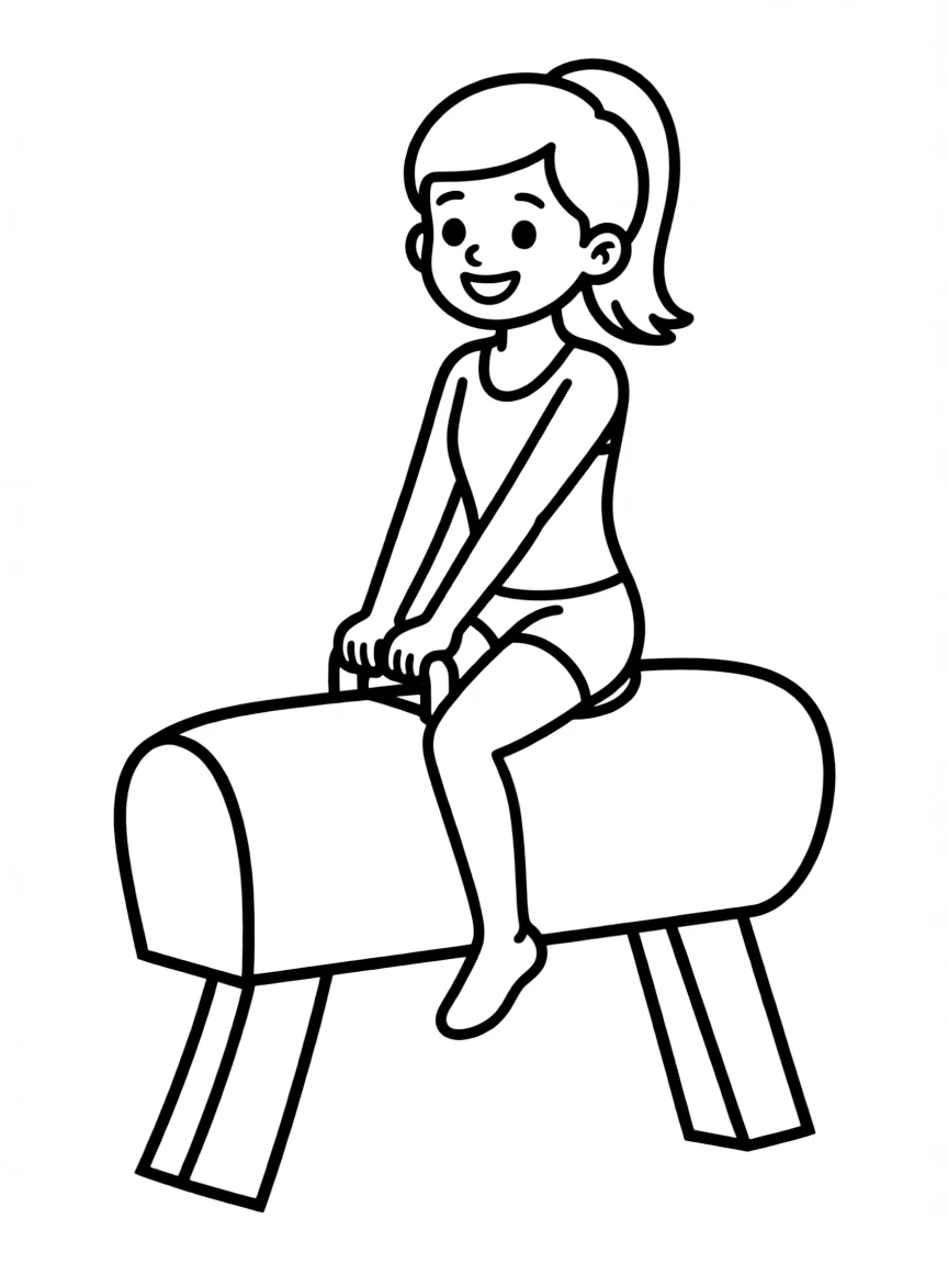 An artistic gymnast on the pommel horse, riding it like a toy horse.