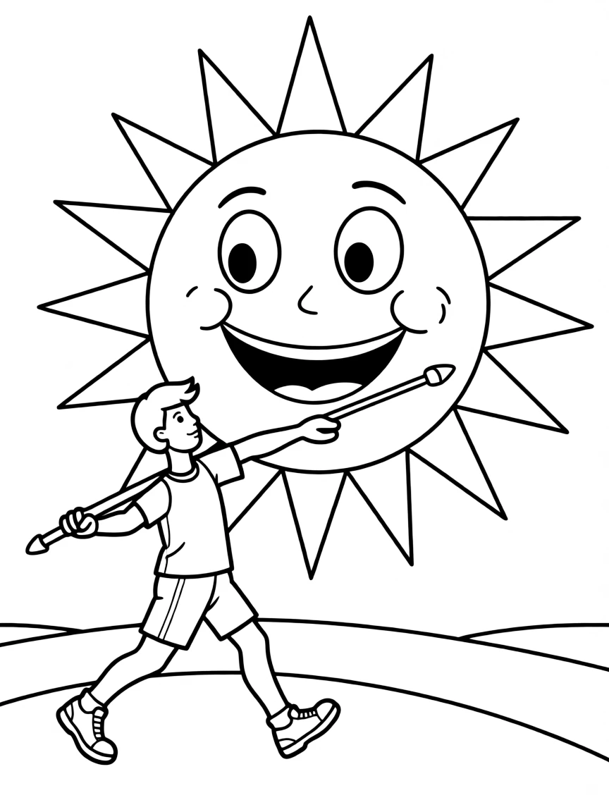 A javelin thrower aiming at a giant target shaped like a happy sun.