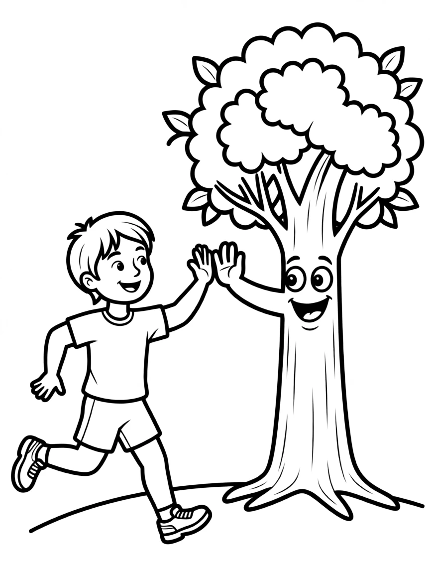 A marathon runner getting a high-five from a friendly tree.