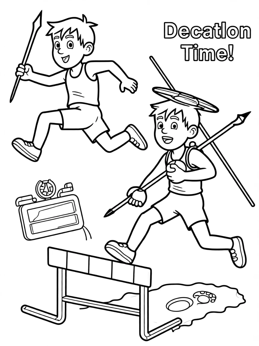 A decathlete doing all 10 sports at once (cartoon chaos).