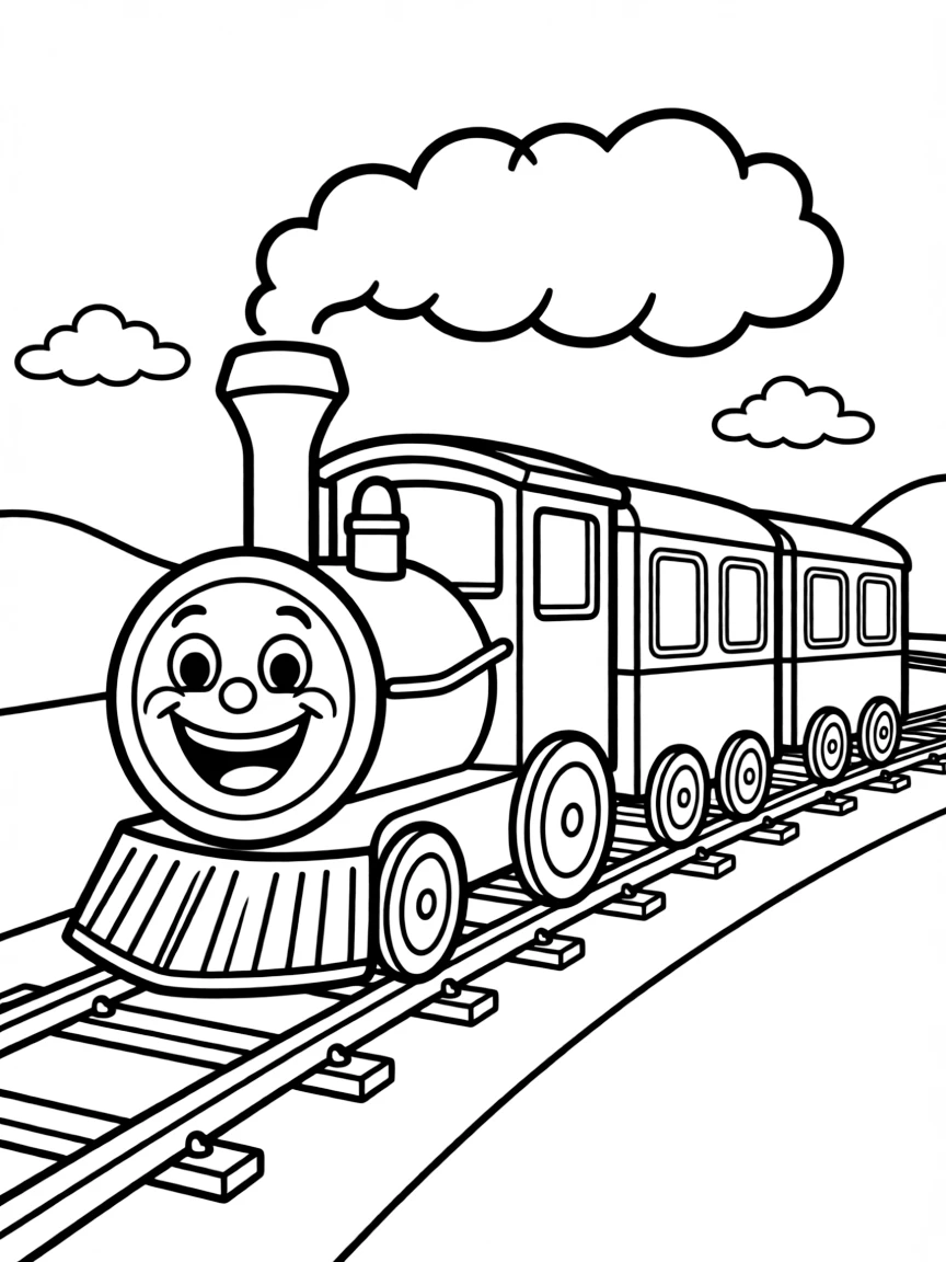 A track with a happy train running on it.