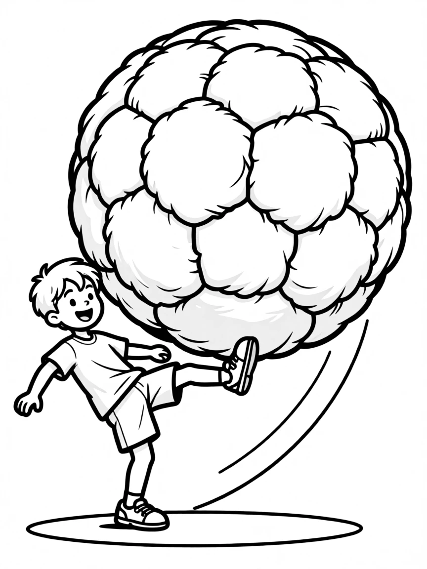 A tiny soccer player kicking a gigantic, fluffy soccer ball.