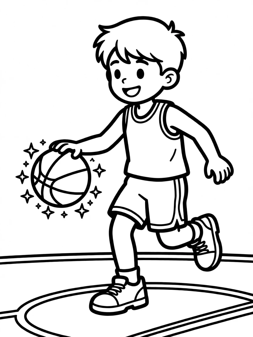 A basketball player bouncing a ball that sparkles.