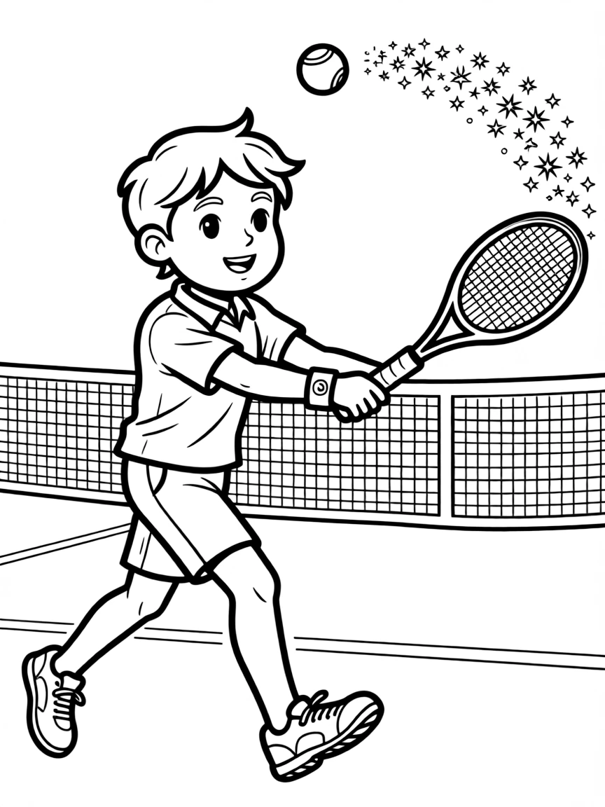 A tennis player hitting a ball that leaves a trail of glitter.