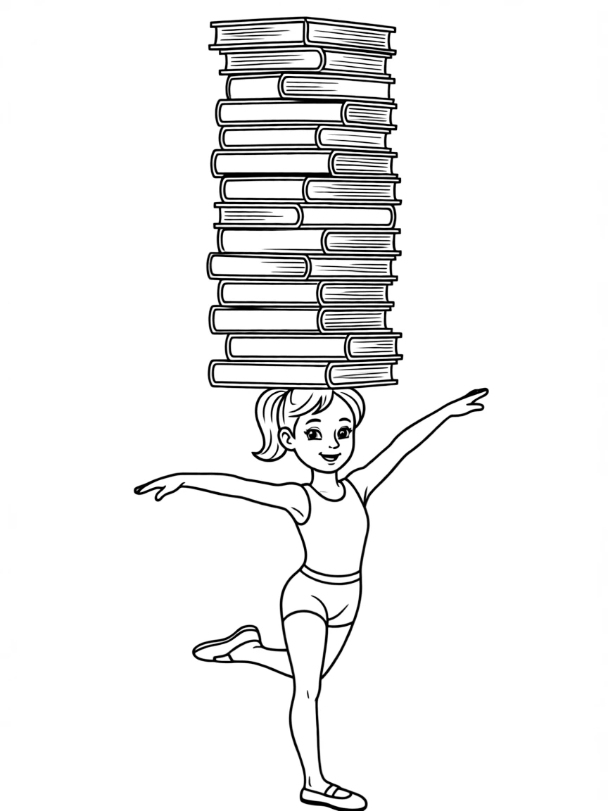 A gymnast balancing a stack of colorful books on their head.