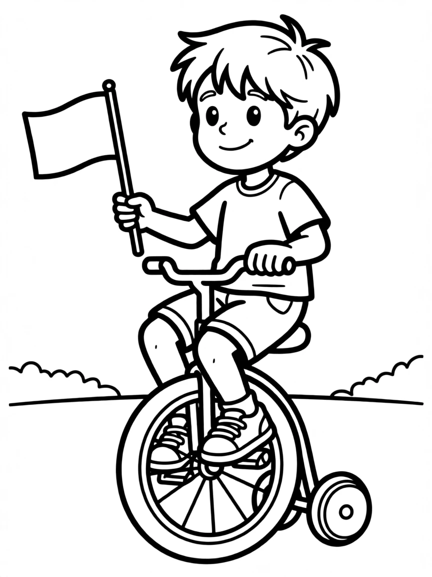 A cyclist riding a unicycle with a tiny flag.