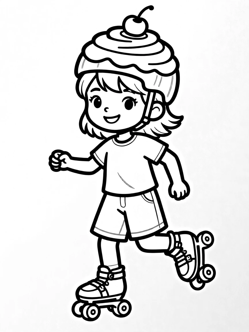 A roller skater wearing a helmet shaped like a cupcake.
