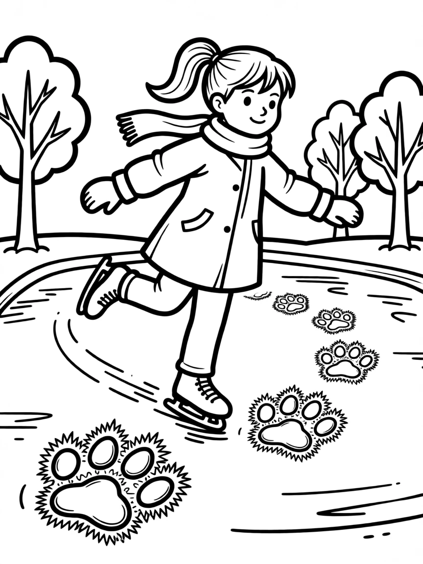 An ice skater leaving frosty paw prints on the ice.