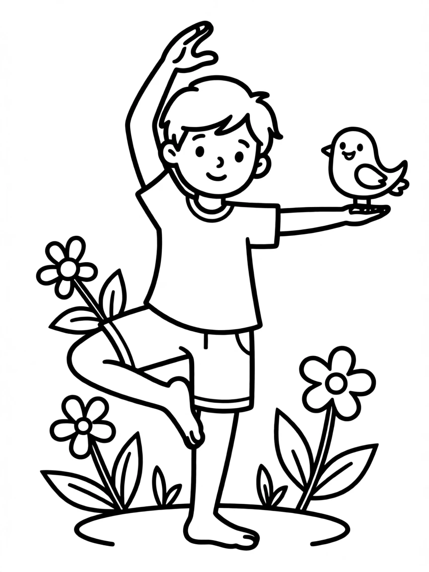A yoga kid doing a pose with a happy little bird perched on their hand.