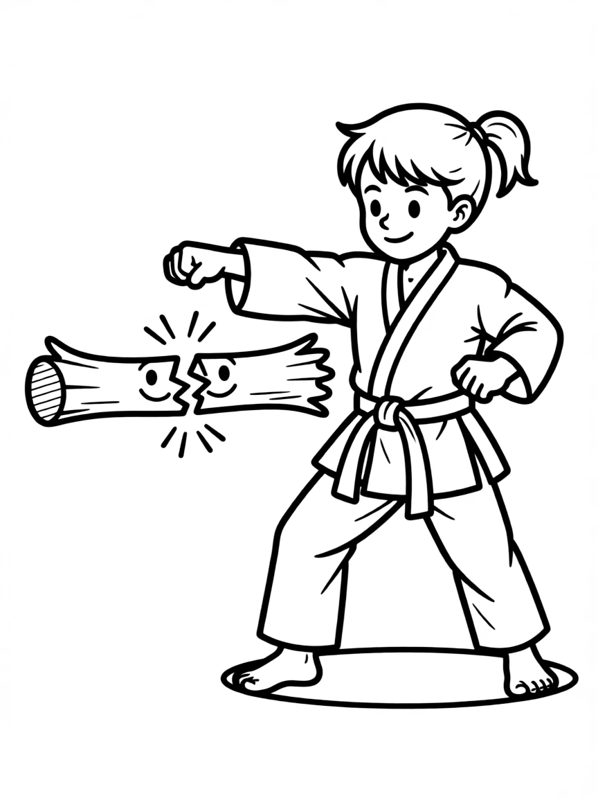 A karate kid breaking a very thin, happy twig.