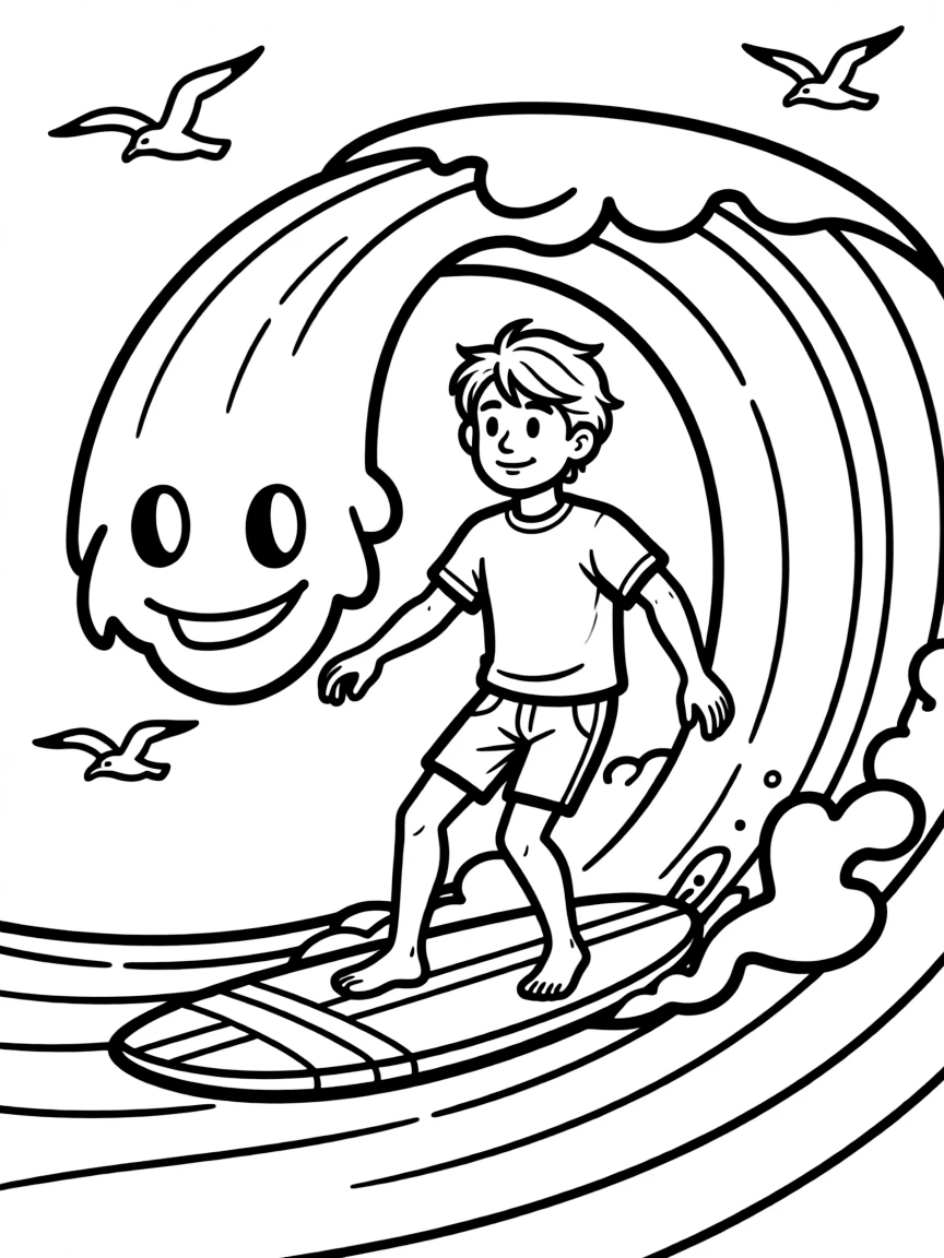 A surfer riding a wave with a happy face on it.