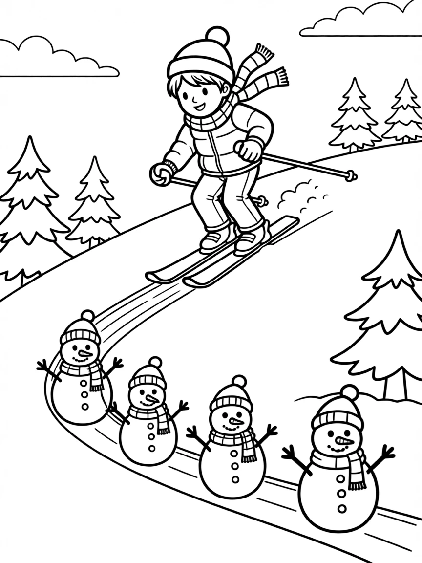 A skier leaving a trail of happy snowmen.