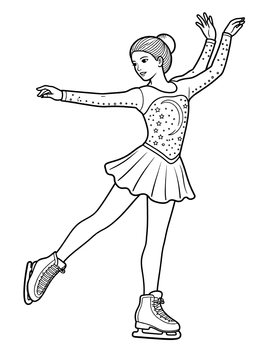 A figure skater wearing a costume that looks like a starry night.