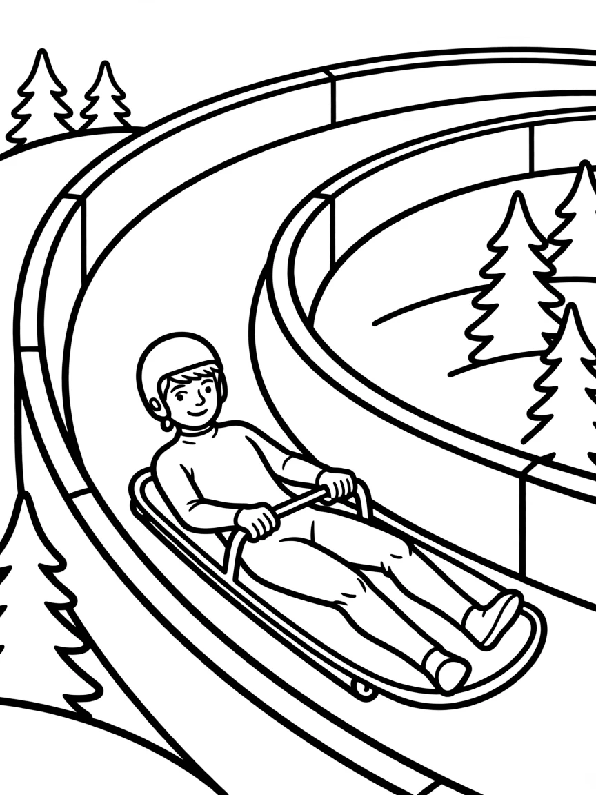 A luge racer going down a track that loops.