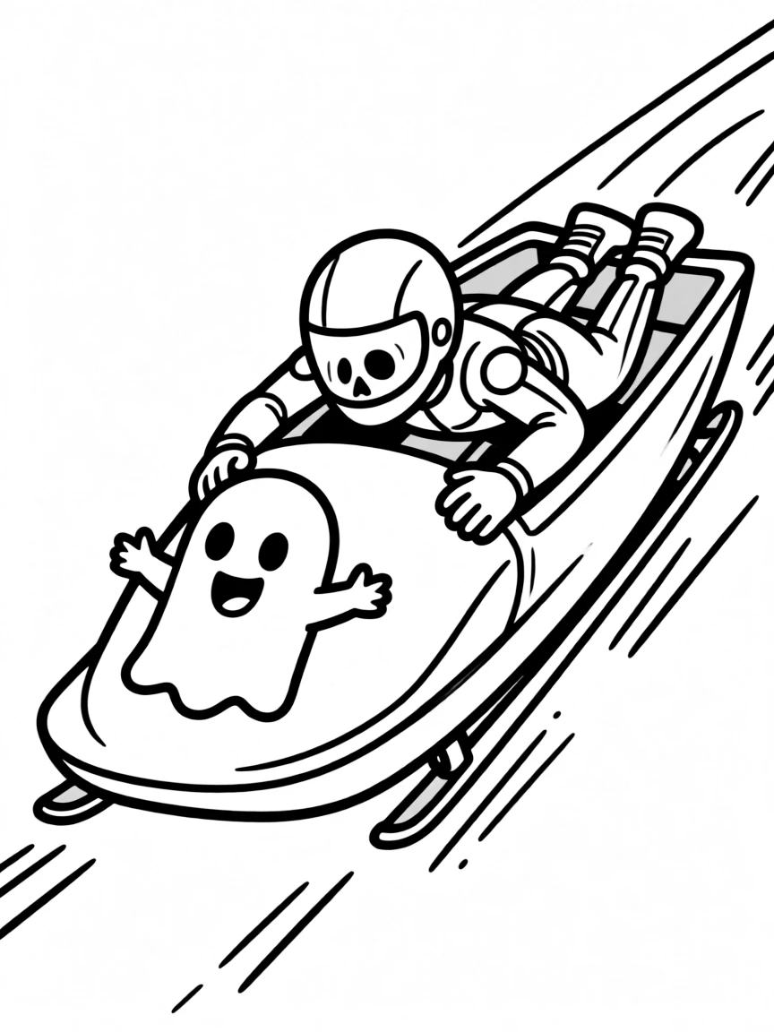 A skeleton racer with a friendly ghost drawn on their sled.