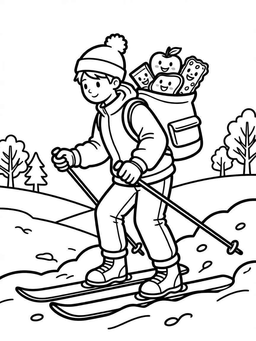 A cross-country skier with a backpack full of happy snacks.
