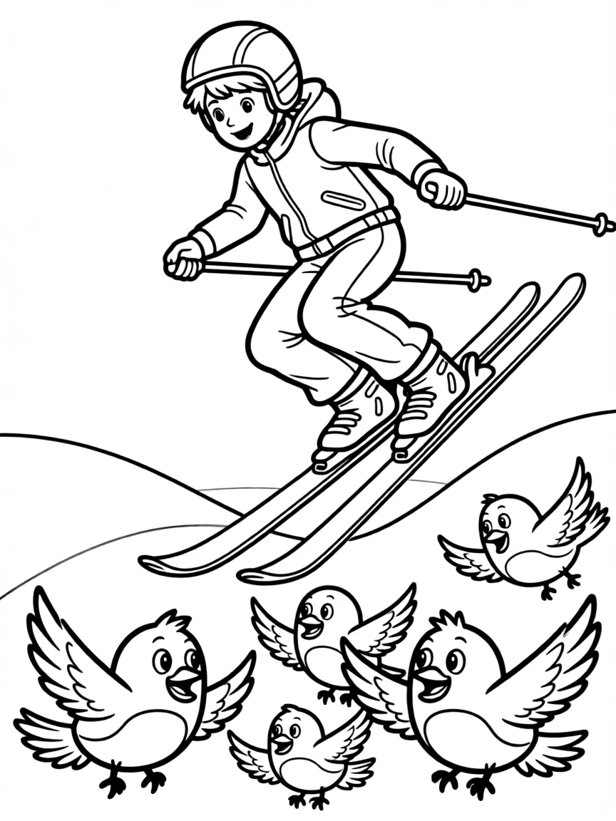A ski jumper flying over a flock of happy birds.