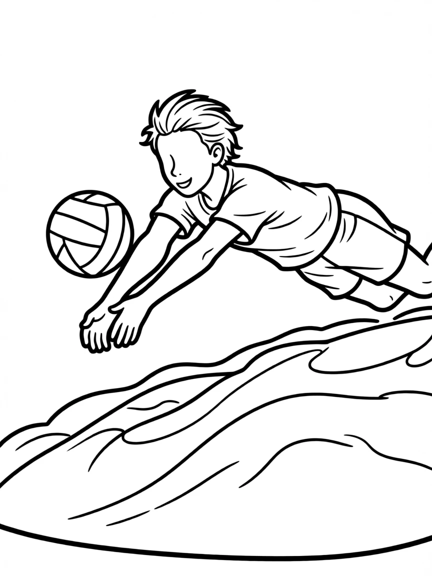 A beach volleyball player diving into a pile of soft, fluffy sand.