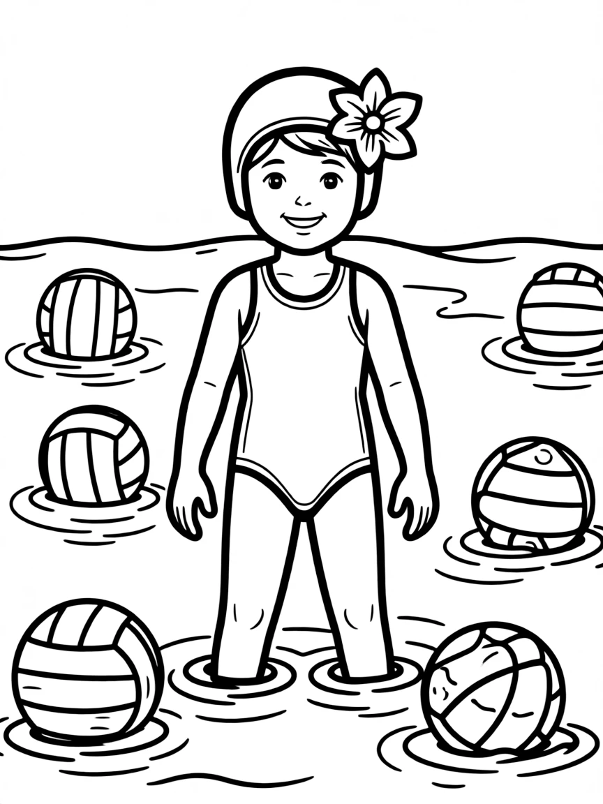 A water polo player wearing a swim cap with a flower.