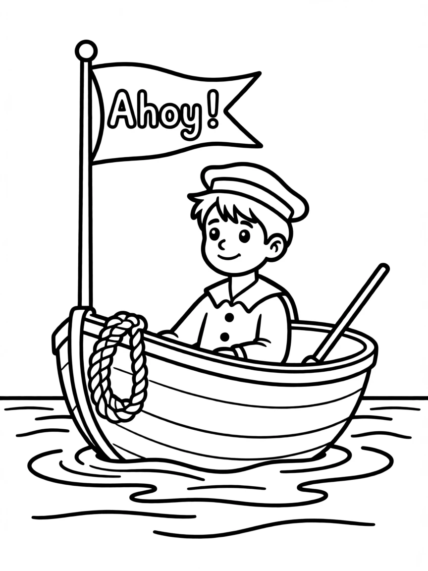 A sailor in a tiny boat with a flag that says "Ahoy!".