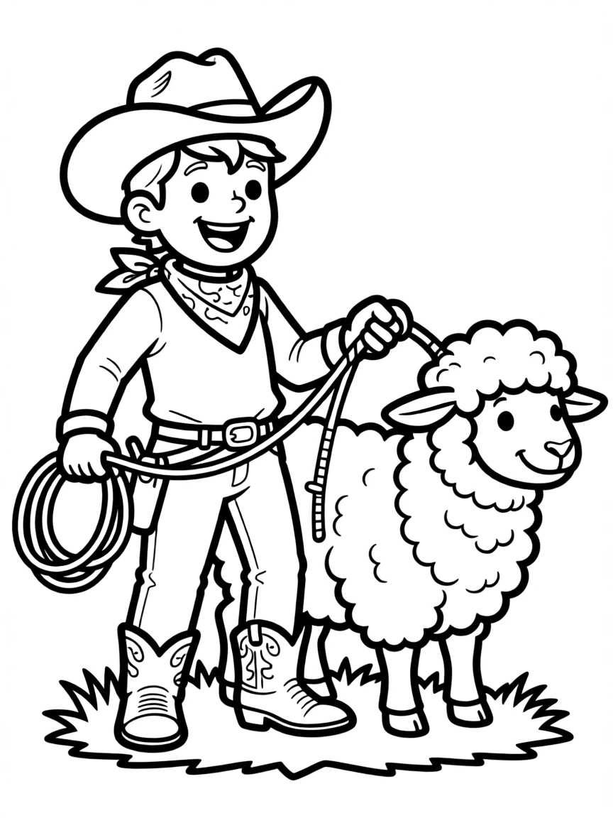 A cowboy roping a friendly, fluffy sheep.