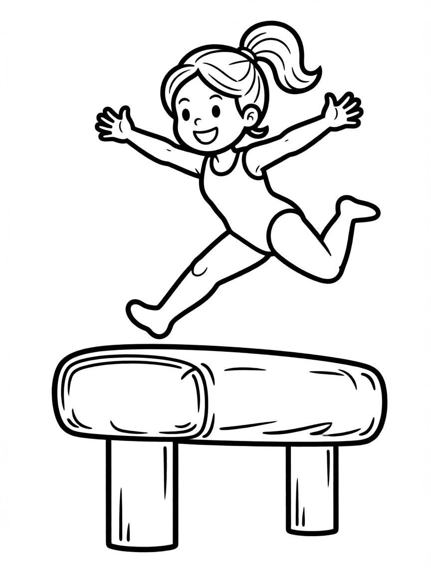 A gymnastic vault competitor doing a happy hop over the vault.