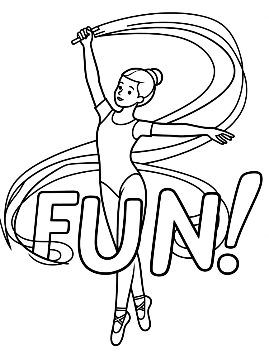 A rhythmic gymnast with a ribbon that spells out "FUN!".