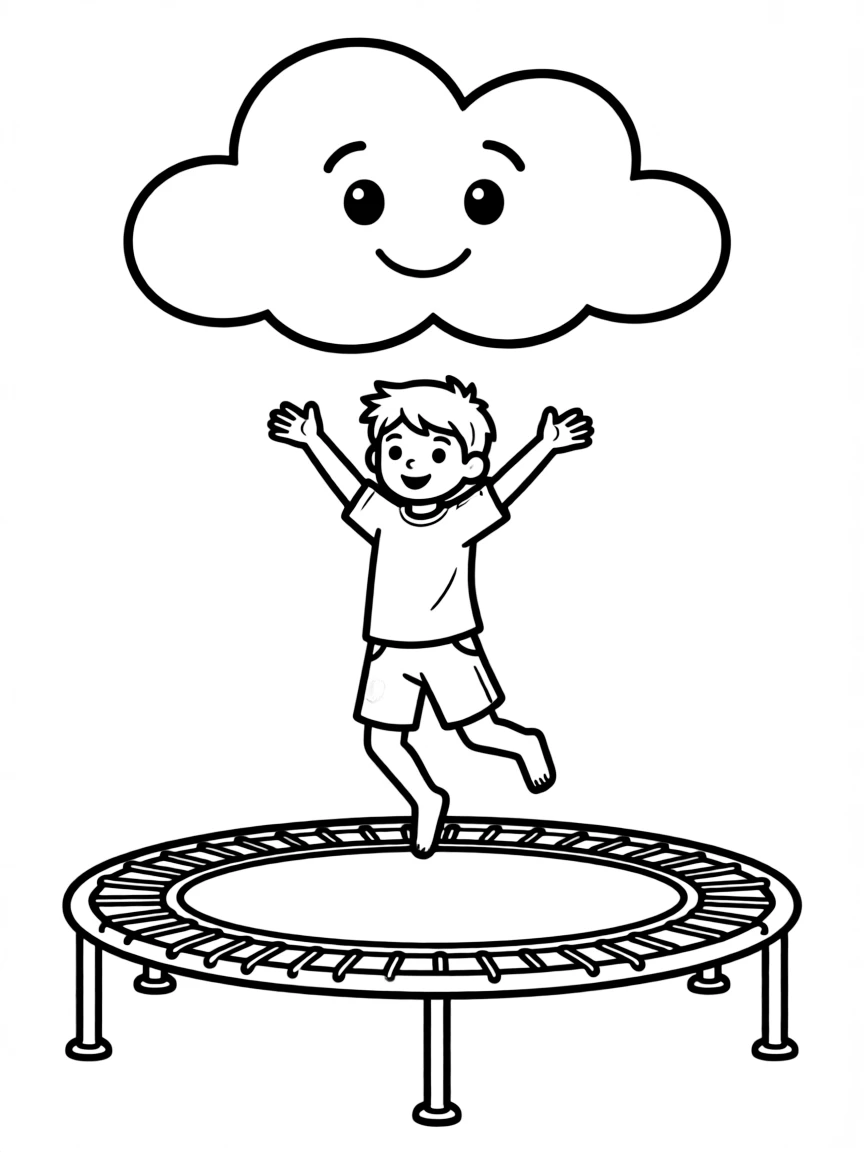 A trampolinist bouncing with a happy cloud above their head.