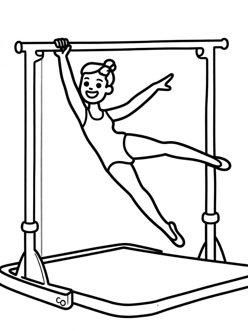 An artistic gymnast on the uneven bars, swinging like a happy pendulum.