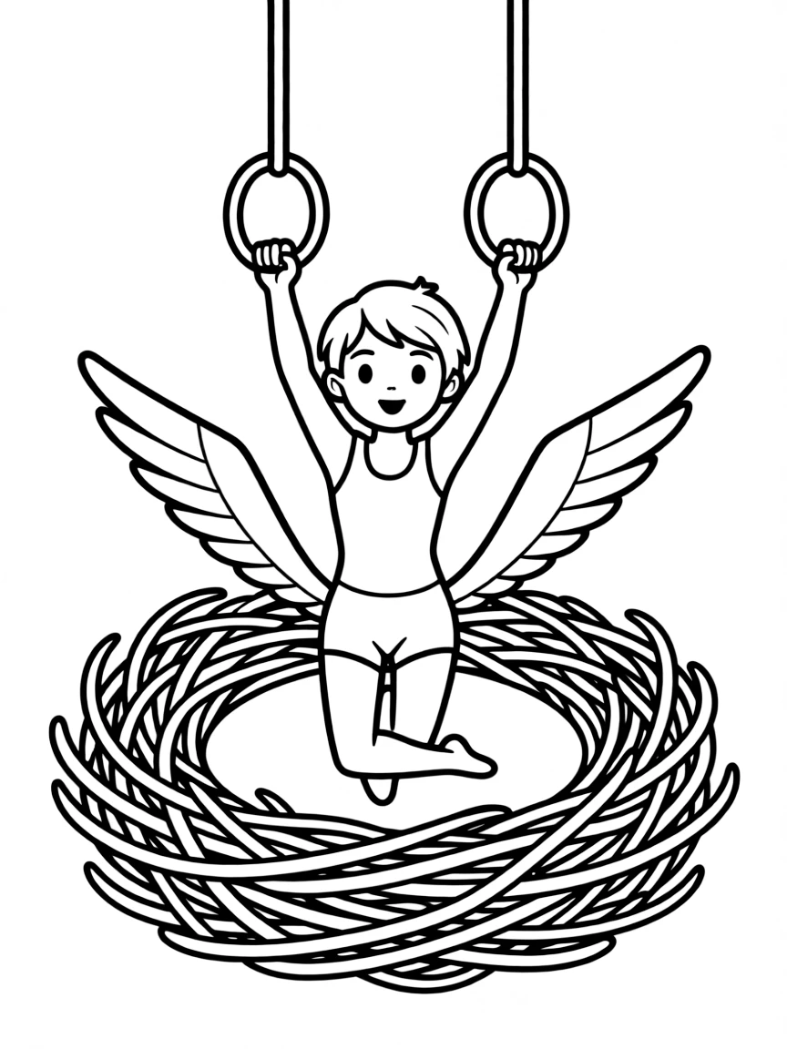 An artistic gymnast on the rings, pretending to be a bird in a nest.