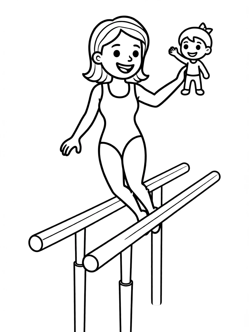 An artistic gymnast on the parallel bars, balancing a happy little toy.