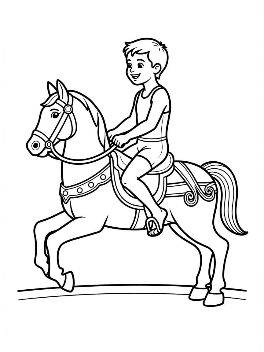 An artistic gymnast on the pommel horse, riding it like a carousel horse.