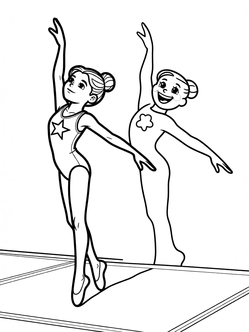 An artistic gymnast on the floor exercise, dancing with a happy shadow.