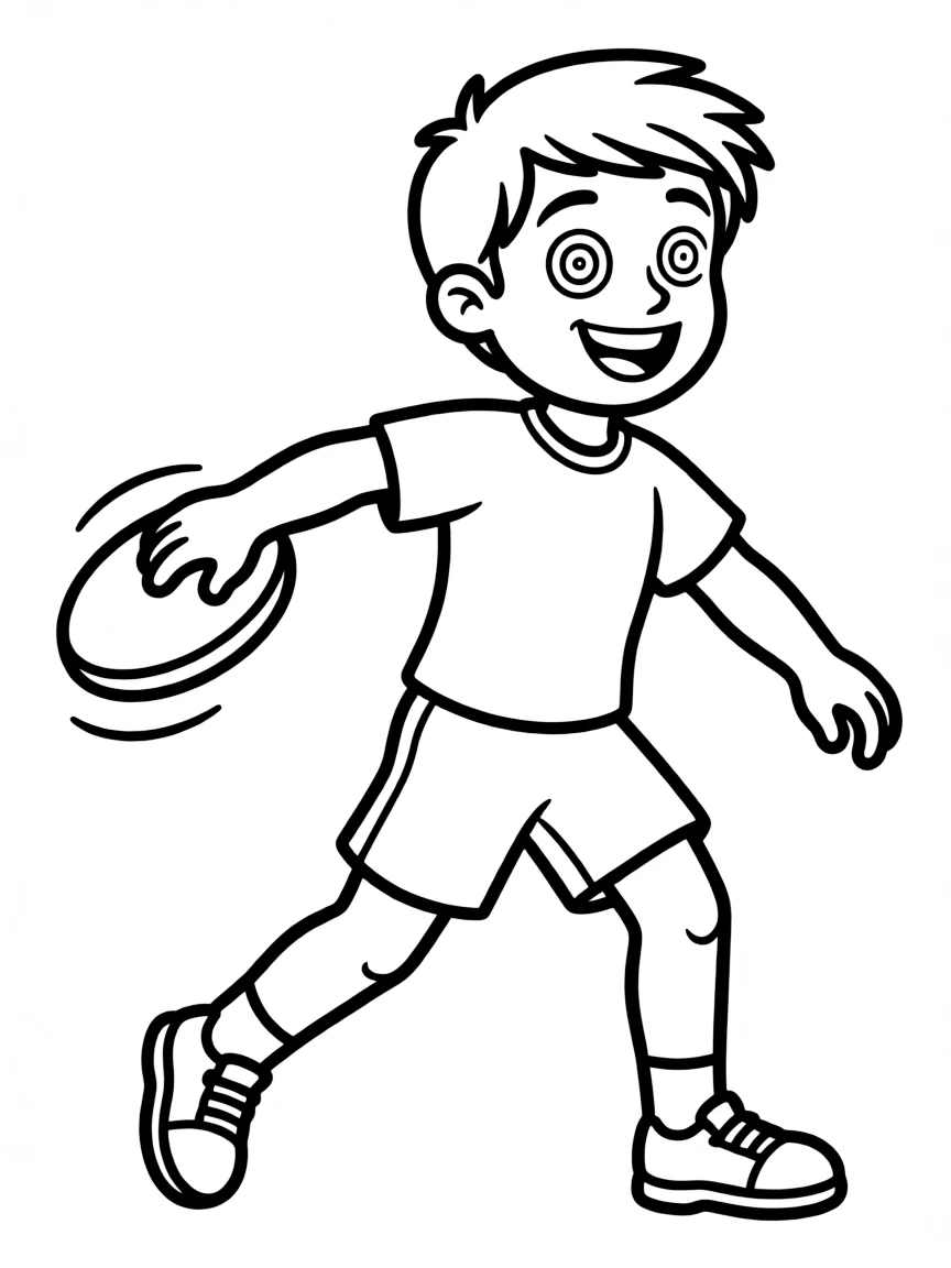 A discus thrower spinning with dizzy, happy eyes.
