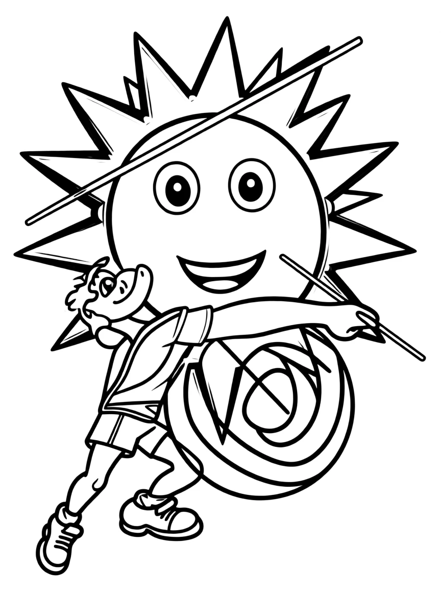 A javelin thrower aiming at a target that looks like a happy sun.