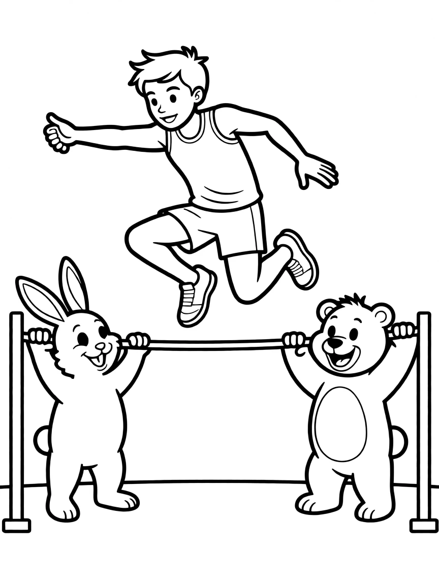 A high jumper jumping over a rope held by two happy animals.