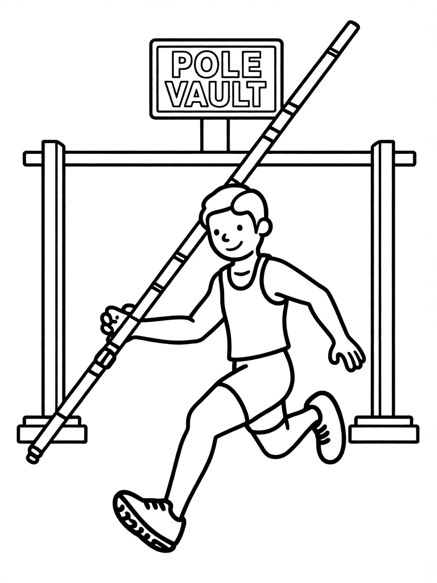 A pole vaulter using a rainbow-colored pole.
