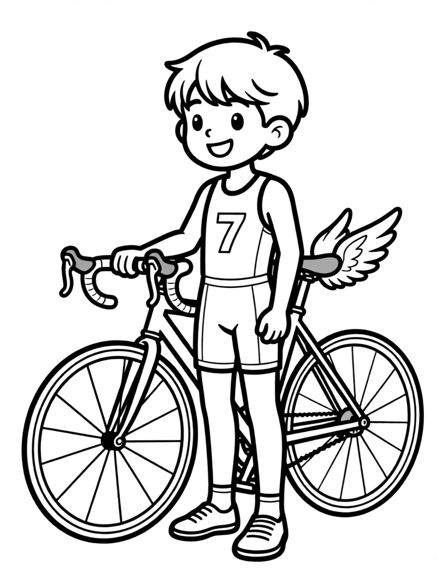 A triathlete with a bike that has tiny wings.