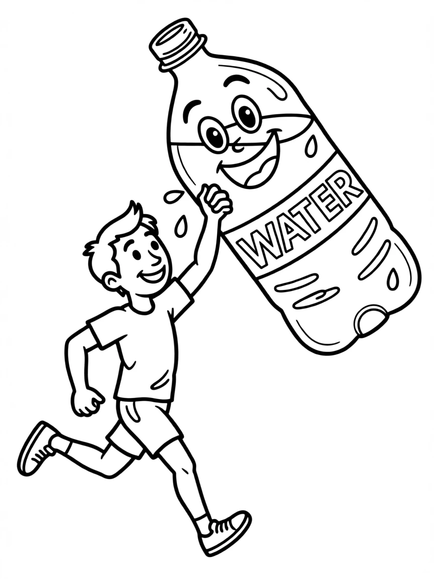 A marathon runner drinking from a giant, happy water bottle.