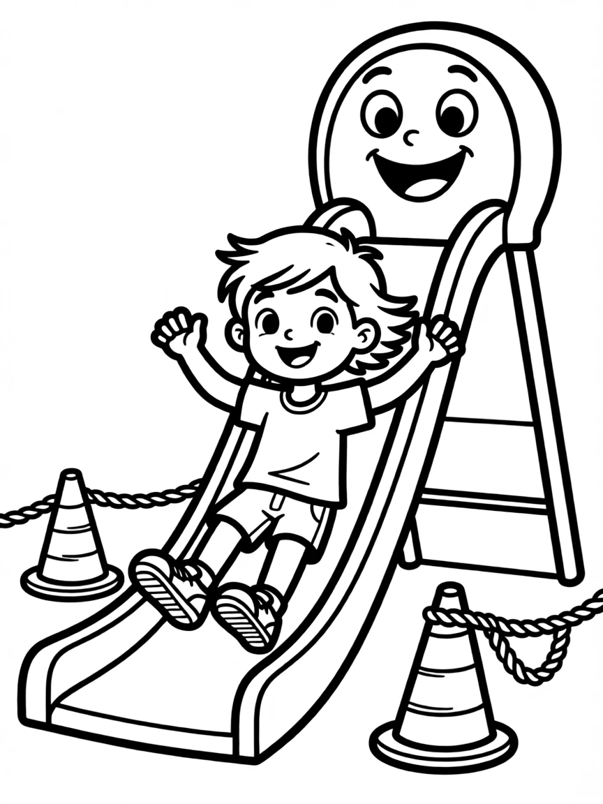 An obstacle course racer sliding down a happy slide.