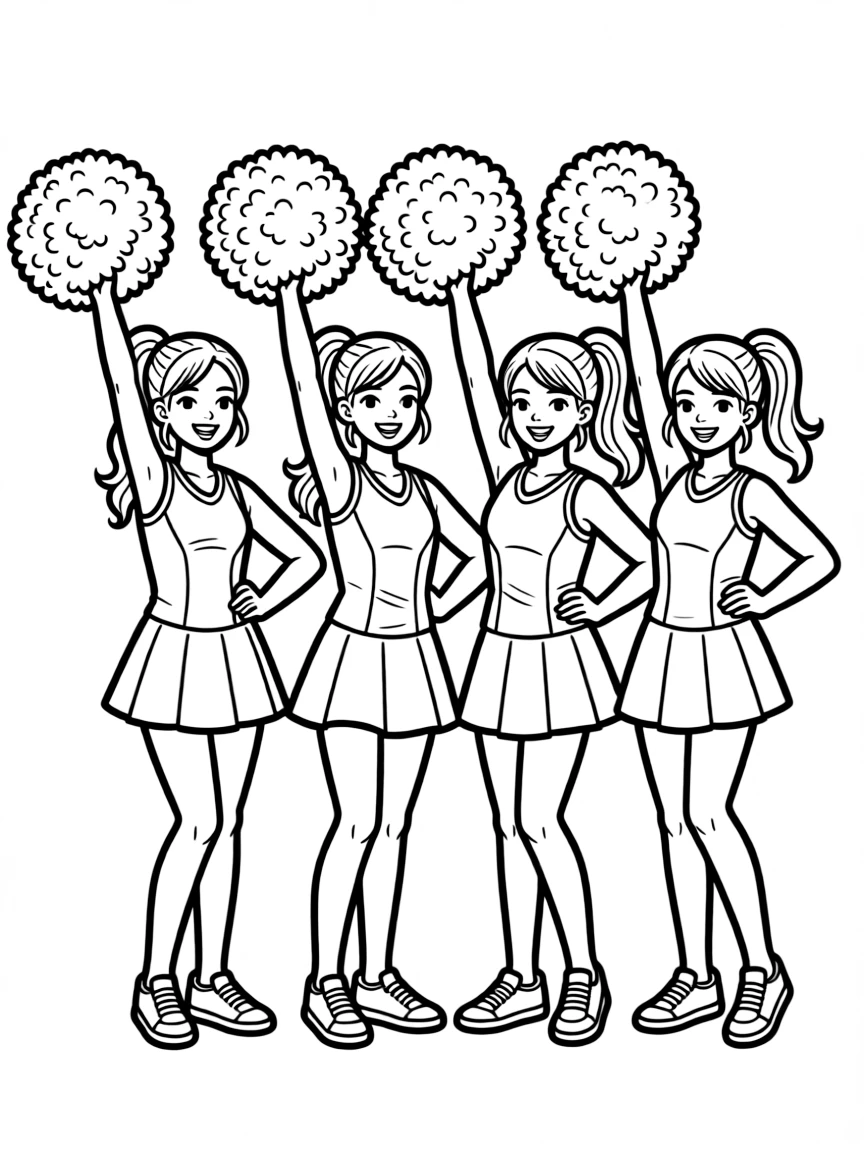 A cheerleading squad with pom-poms that look like cotton candy.