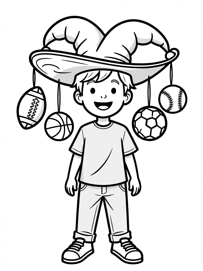 A sports fan wearing a silly hat with dangling sports balls.