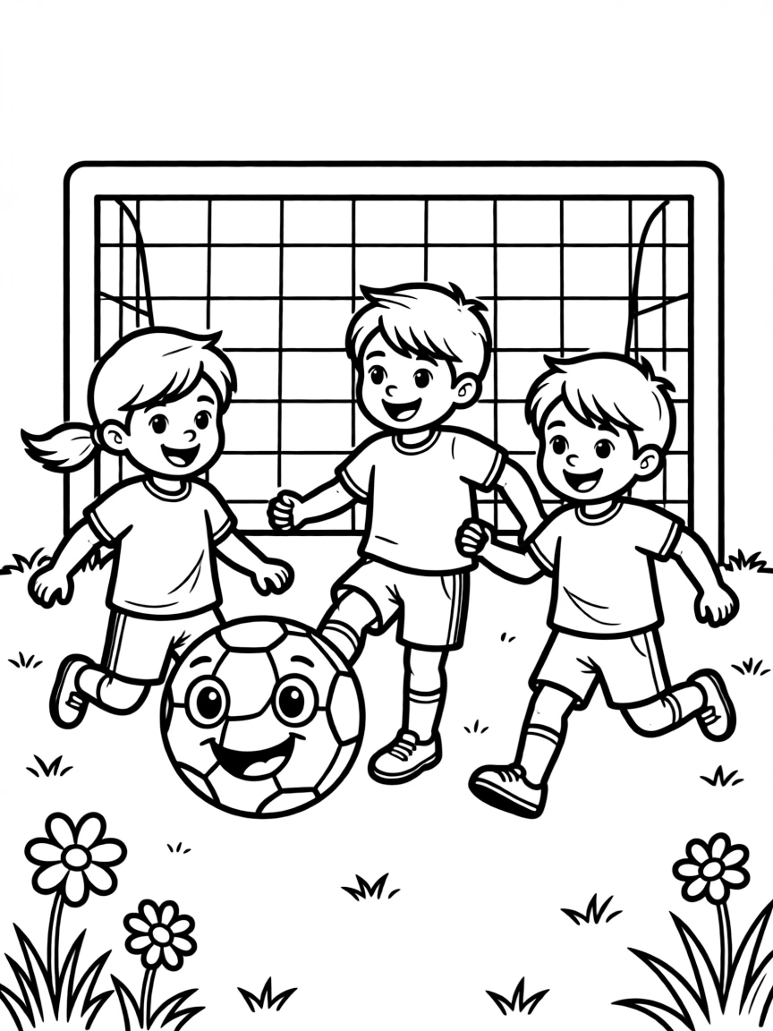 Kids playing soccer with a bouncy, happy ball.