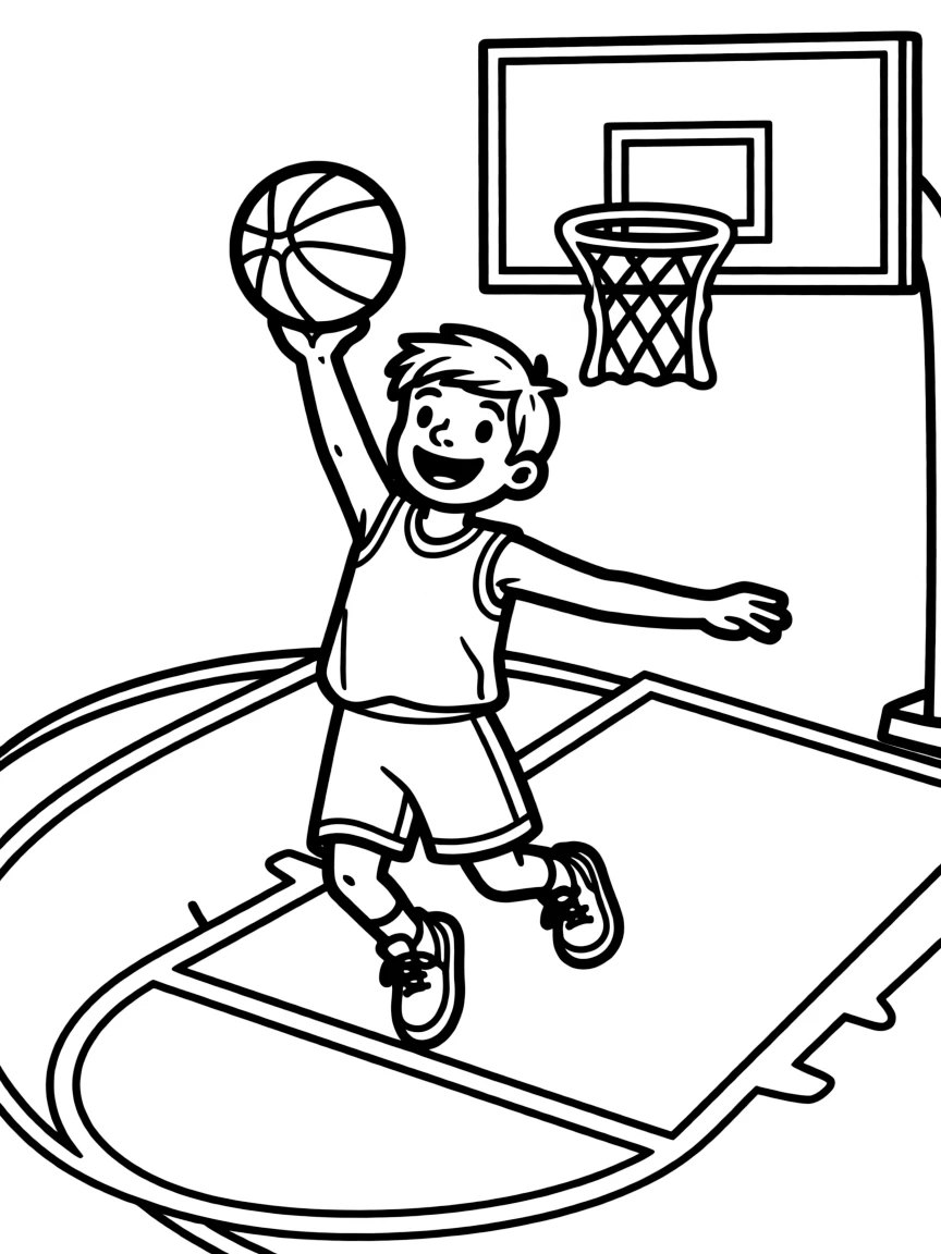 A little basketball player making a joyful jump shot.